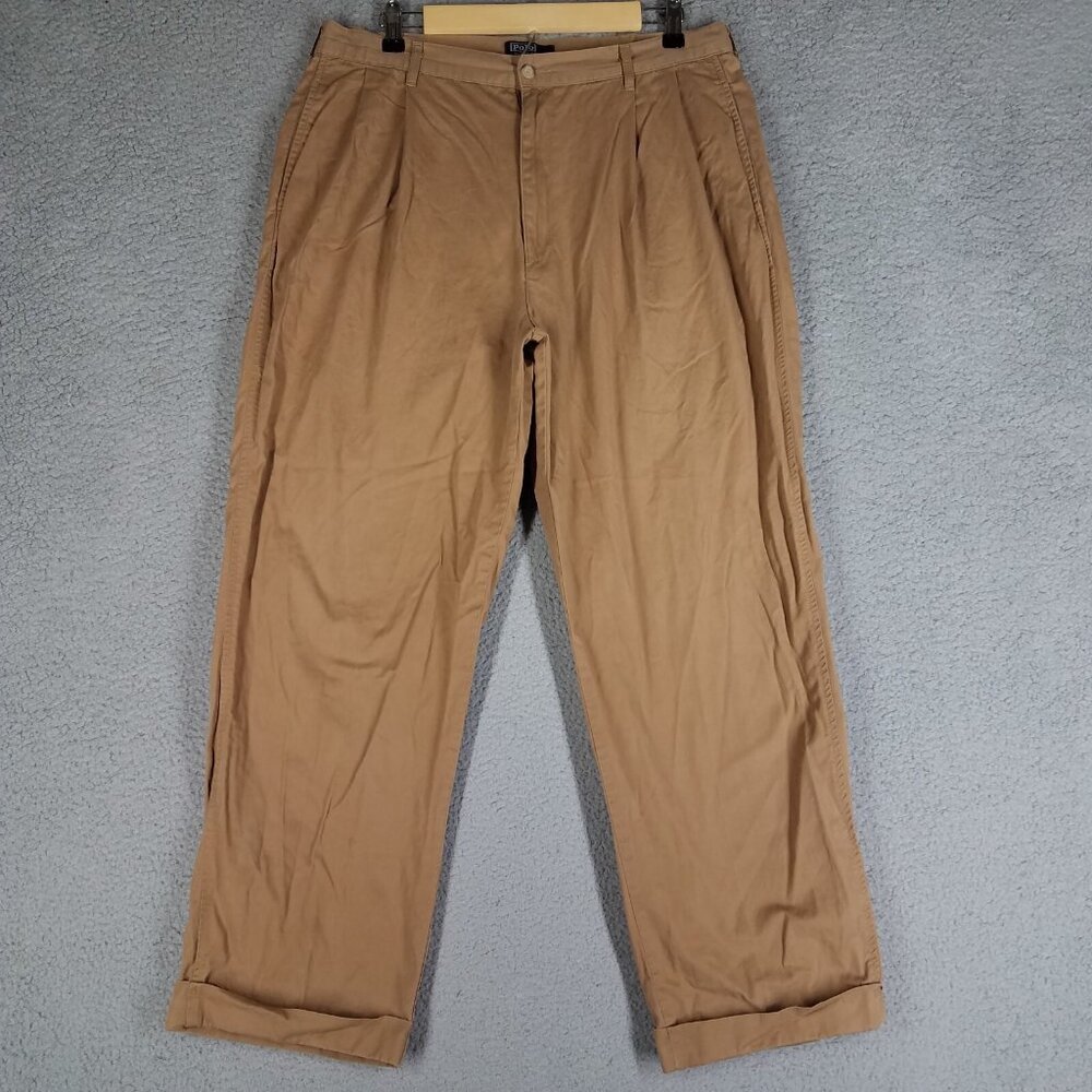 Vintage Polo Ralph Lauren Pleated Chino Pants Adult 36 x 28 Khaki Cuffed Hem USA